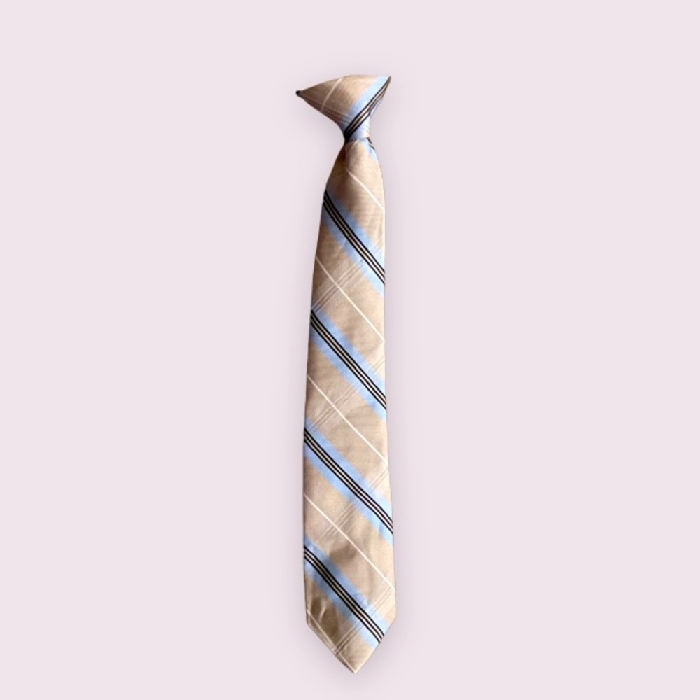 Boy's CLIP-ON Neck Tie in Tan with Light Blue, Black and White Stripes